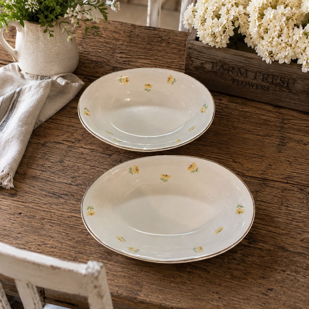 Homer Laughlin Vintage Yellow Daisy Oval Serving  Bowls Set of 2 Gold Trim 9 In